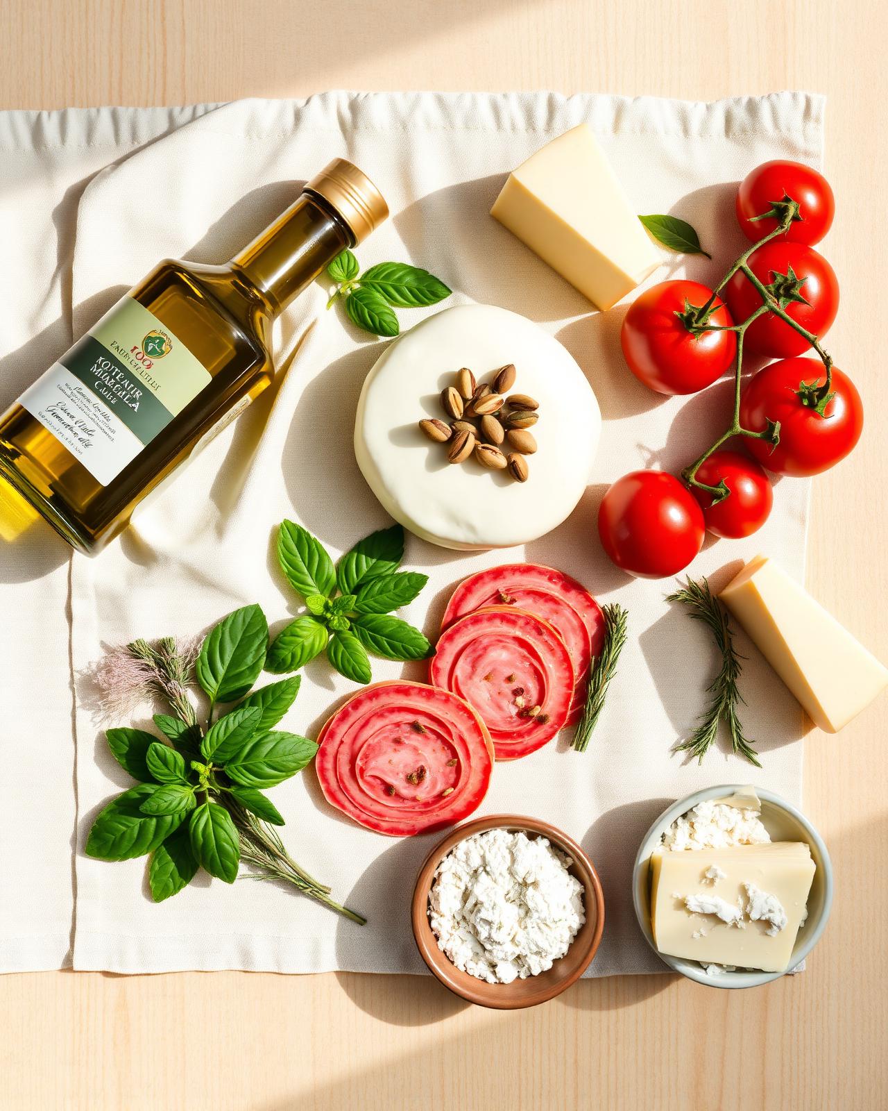 Flat-lay editorial cu ulei de măsline, mozzarella, mortadela, busuioc, roșii și parmezan